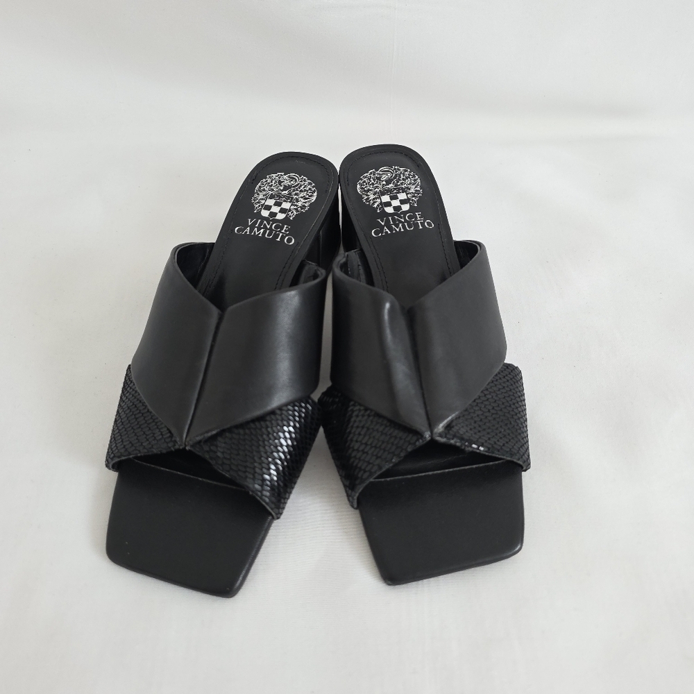 Vince Camuto Seedanta Leather Block Heel Black Slide Sandals - Picture 2 of 6